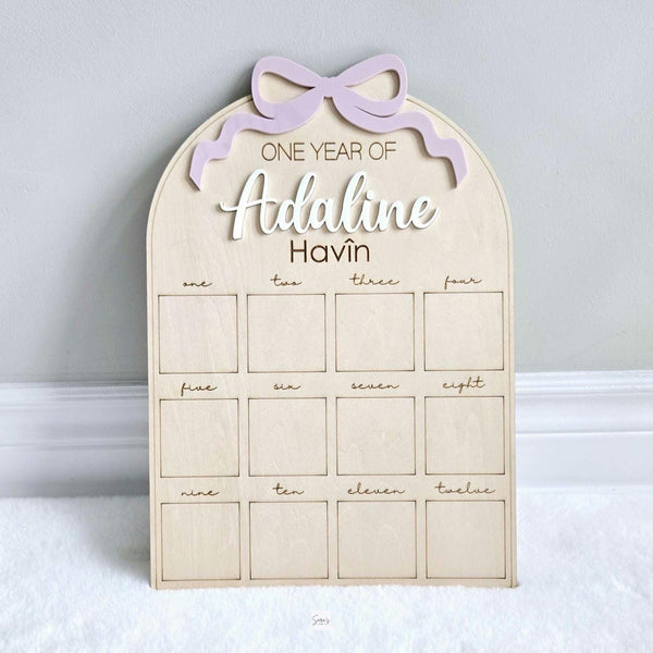 Baby's First Year Monthly Milestone Board, Coquette Bow First Birthday Photo Collage, Wooden Baby's Picture Frame, 1st Birthday Party Decor