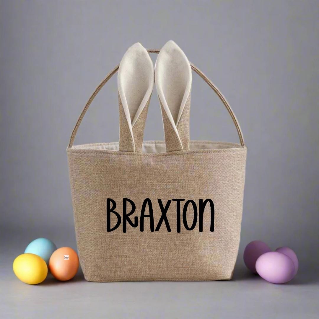 Personalized Easter Basket, Linen Burlap Easter basket with ears and tail, Custom Easter tote bag gift for kids with name, First Easter bag