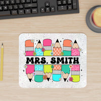 Personalized Teacher Mousepad Gift, Floral Pencil Custom Teacher Appreciation Desk Accessory, Custom Made End of Year Teacher Gift with name