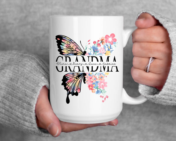 Personalized Grandma Mug, Mama Mug with kids name, Gift for Mom, custom made floral and butterfly coffee mug, personalized mother's day gift