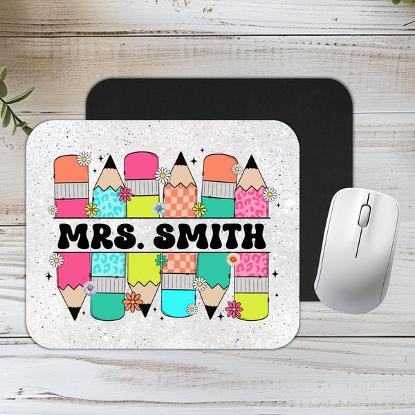 Personalized Teacher Mousepad Gift, Floral Pencil Custom Teacher Appreciation Desk Accessory, Custom Made End of Year Teacher Gift with name