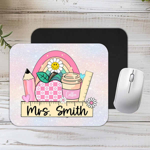 Personalized Teacher Mousepad Gift, Rainbow Apple Custom Teacher Appreciation Desk Accessory, Custom Made End of Year Teacher Gift with name
