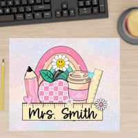 Personalized Teacher Mousepad Gift, Rainbow Apple Custom Teacher Appreciation Desk Accessory, Custom Made End of Year Teacher Gift with name