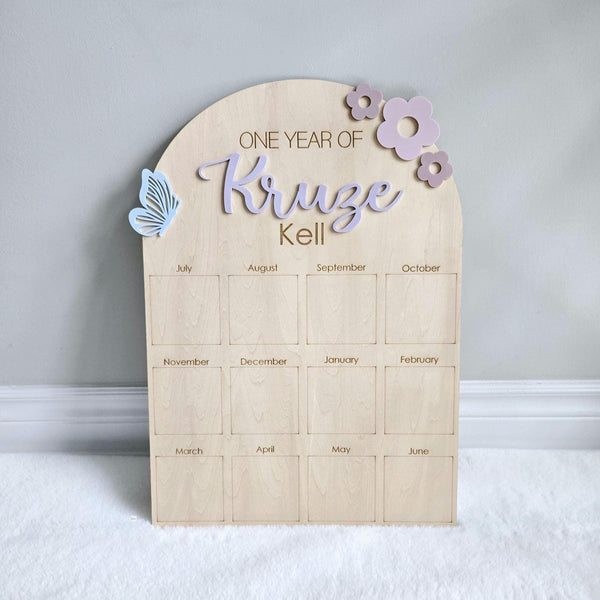 Baby's First Year Monthly Milestone Board, Flower Butterfly First Birthday Photo Collage, Wooden Baby's Picture Frame, 1st Birthday Decor