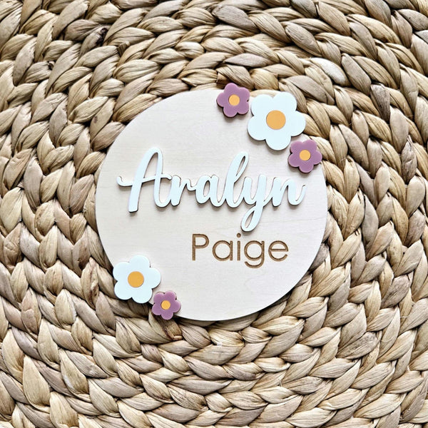 Birth Announcement Wooden Sign, Floral Newborn Baby Name Disc, Hospital Newborn Photo Prop Sign, Personalized Baby Shower Gift, Name Sign