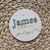 Wooden Mountain Name Birth Announcement sign, Newborn Baby round Name plate, Hospital Newborn Photo Prop Sign, Personalized Baby Shower Gift