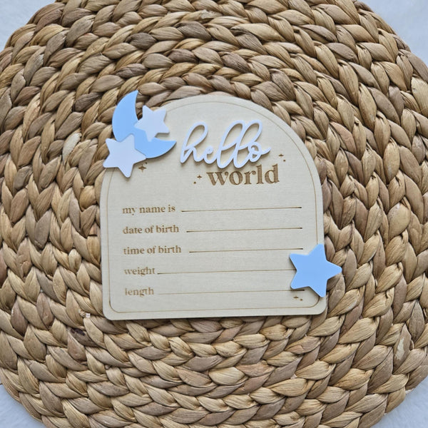 Moon and Stars Hello World Birth Statistic Sign, Nursery Decor Custom Wood Sign, Celestial Name Plaque,Hospital Birth Announcement Name Sign