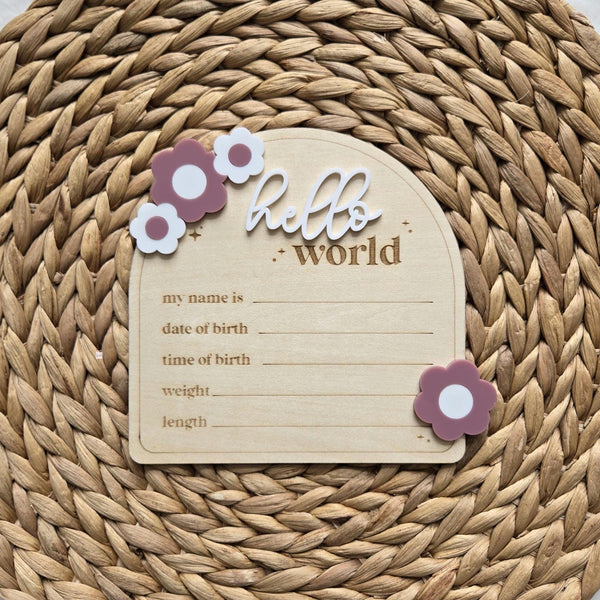 Floral Hello World Birth Statistic Sign, Flower Nursery Decor Custom Wood Sign, Name Plaque,Hospital Birth Announcement Name Sign