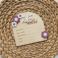 Floral Hello World Birth Statistic Sign, Flower Nursery Decor Custom Wood Sign, Name Plaque,Hospital Birth Announcement Name Sign