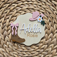 Cowboy CowGirl Name Announcement Sign, Western Floral Newborn Name Plaque, Hospital Newborn Photo Prop Sign, Personalized Baby Shower Gift