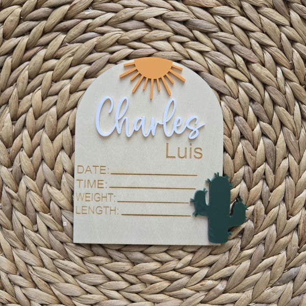 Cactus Custom Birth Statistic Sign, Western Boy Newborn Name Plaque, Hospital Newborn Photo Prop Sign, Personalized nursery decor, Baby gift