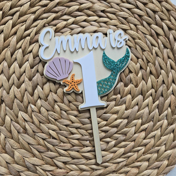 Mermaid Personalized Birthday Cake Topper, Mermaid Sea Shell Theme Party Cake Topper, First Birthday Cake Topper for Girl, Birthday decor