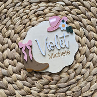 Cowboy CowGirl Name Announcement Sign, Western Floral Newborn Name Plaque, Hospital Newborn Photo Prop Sign, Personalized Baby Shower Gift