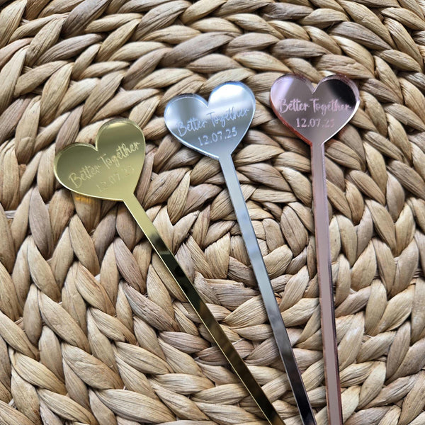 Engraved Heart Acylic Drink Stirrers for Wedding, Personalized Drink Stirrers with Name and Date, Personalized Wedding Favors, Heart Stirrer