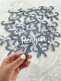 Personalized acrylic bow name plate placement cards, name place settings, personalized party flavor name tags, wedding bow place card plate