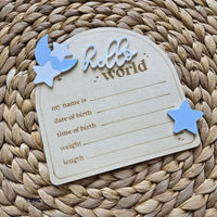 Moon and Stars Hello World Birth Statistic Sign, Nursery Decor Custom Wood Sign, Celestial Name Plaque,Hospital Birth Announcement Name Sign