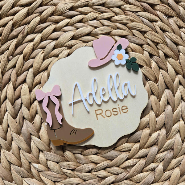 Cowboy CowGirl Name Announcement Sign, Western Floral Newborn Name Plaque, Hospital Newborn Photo Prop Sign, Personalized Baby Shower Gift