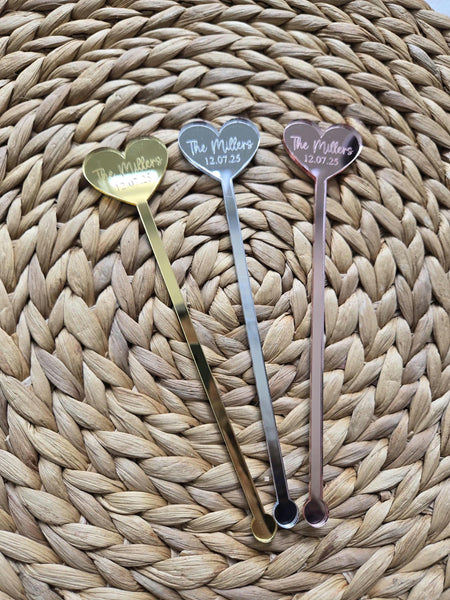 Engraved Heart Acylic Drink Stirrers for Wedding, Personalized Drink Stirrers with Name and Date, Personalized Wedding Favors, Heart Stirrer
