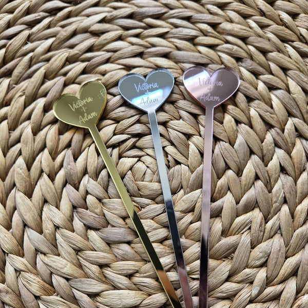 Engraved Heart Acylic Drink Stirrers for Wedding, Personalized Drink Stirrers with Name and Date, Personalized Wedding Favors, Heart Stirrer