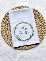 Christmas personalized wreath kitchen towel gift for a couple, custom made holiday tea towel gift for family, wreath towel gift