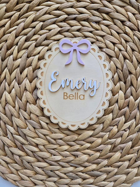 Birth Announcement sign, Bow Wooden Newborn Baby Name sign, Hospital Newborn Photo Prop Sign, Personalized custom Baby Shower Gift