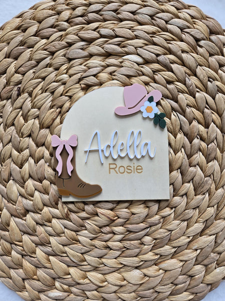 Cowboy CowGirl Name Announcement Sign, Western Floral Newborn Name Plaque, Hospital Newborn Photo Prop Sign, Personalized Baby Shower Gift
