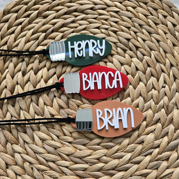 Personalized Christmas Bulb Shape Tag, Bulb Stocking Tag with name, Bulb Christmas Tree Ornament, Christmas custom gift tag name, Bulb Tag