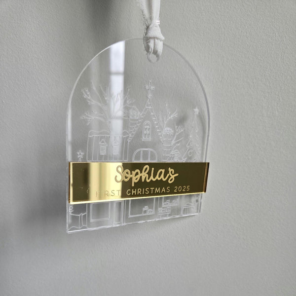 Personalized Christmas Village First Christmas Ornament, First Christmas Ornament with gold acrylic Name Tag, Keepsake Ornament for baby