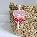 Valentine's Day Basket Tag, Personalized Valentine's Heart Basket Tag, Bow Heart Sucker Tag, Valentine's Day Basket Name Tag, Kids Valentine