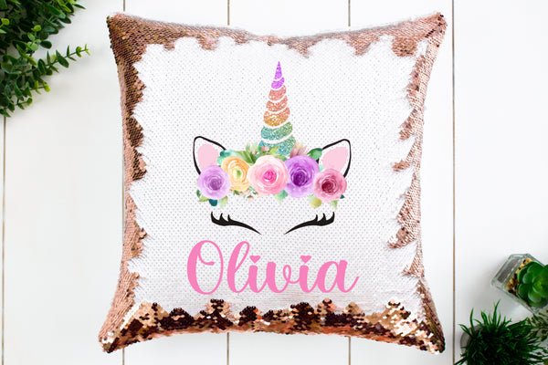 Unicorn Floral Sequin Pillow